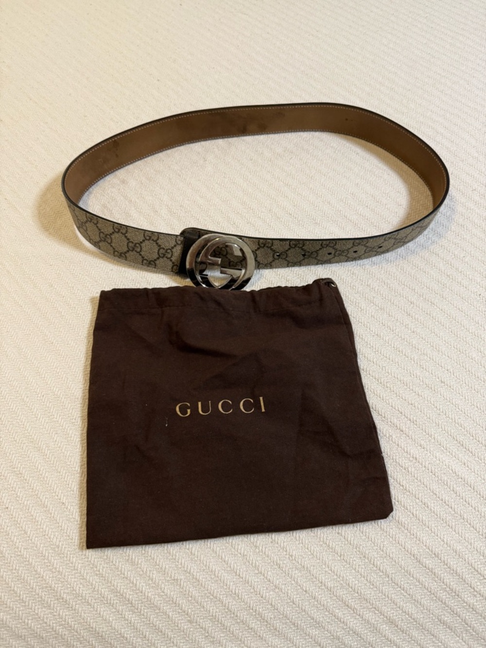 Gucci Beige GG Canvas Belt with Silver Double G Buckle - Picture 2 of 5